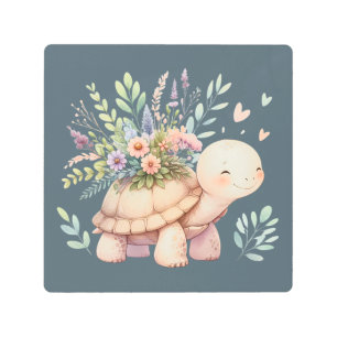 Cottage Garden Turtle Watercolor Metal Print