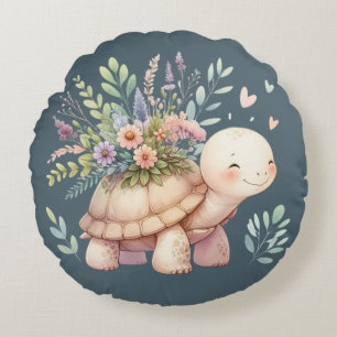 Cottage Garden Turtle Watercolor Round Pillow