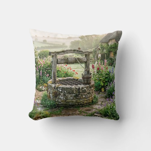 Cottage Garden Well Throw Pillow