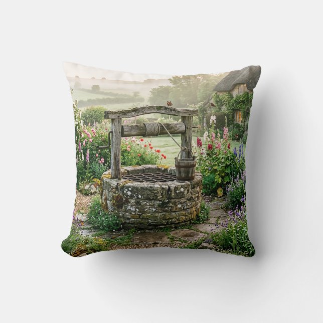 Cottage Garden Well Throw Pillow (Front)