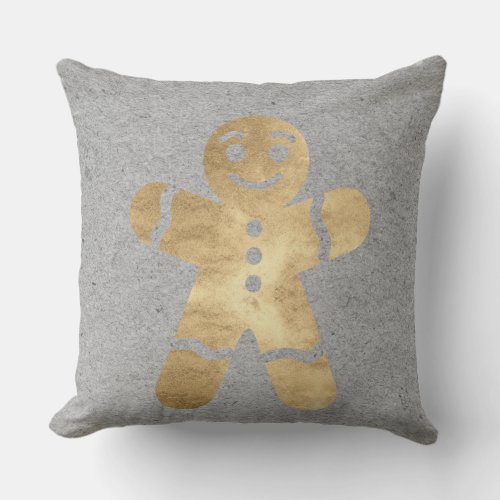 Cottage Gold Gingerbread Man Gray Holidays Throw Pillow