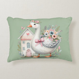 Cottage Goose Floral House Scene Accent Pillow