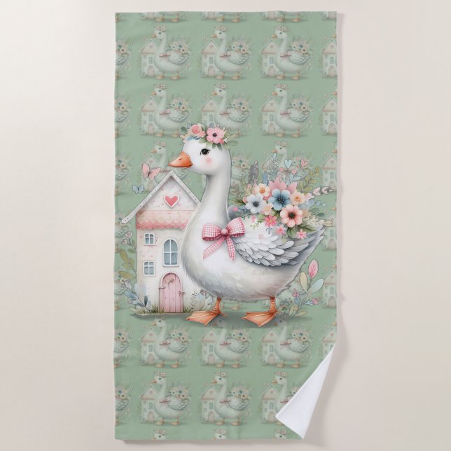 Cottage Goose Floral House Scene Beach Towel (Front)
