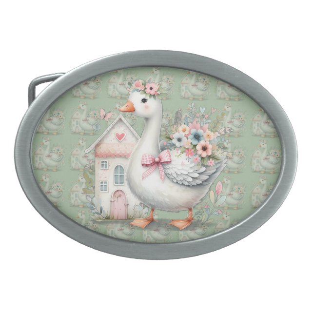 Cottage Goose Floral House Scene Belt Buckle (Front)