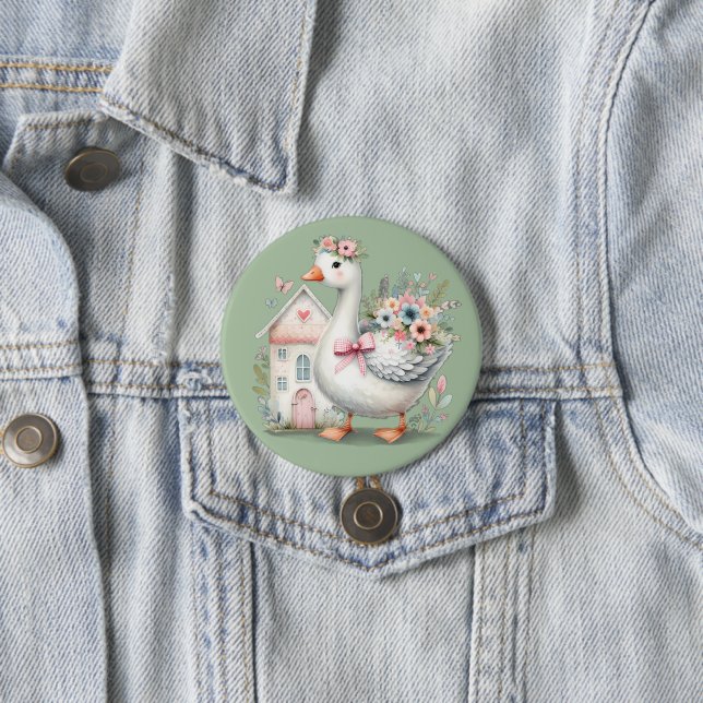 Cottage Goose Floral House Scene Button (In Situ)