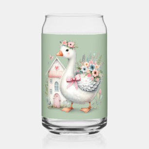 Cottage Goose Floral House Scene Can Glass