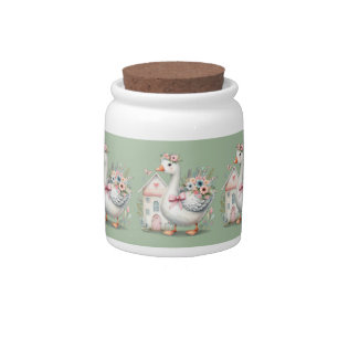 Cottage Goose Floral House Scene Candy Jar