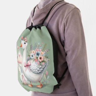 Cottage Goose Floral House Scene Drawstring Bag
