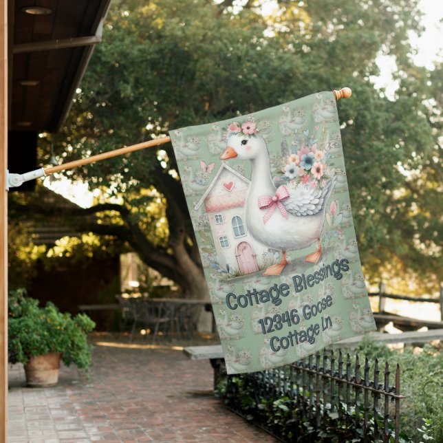 Cottage Goose Floral House Scene Flag (In SItu)