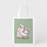 Cottage Goose Floral House Scene Grocery Bag
