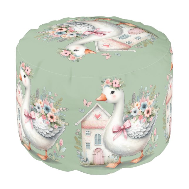 Cottage Goose Floral House Scene Pouf (Angled Front)