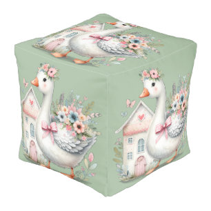 Cottage Goose Floral House Scene Pouf