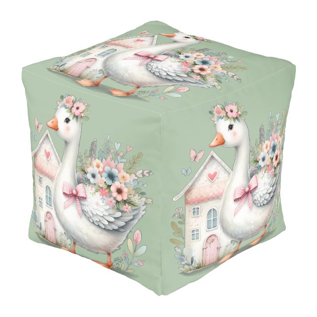 Cottage Goose Floral House Scene Pouf (Angled Front)