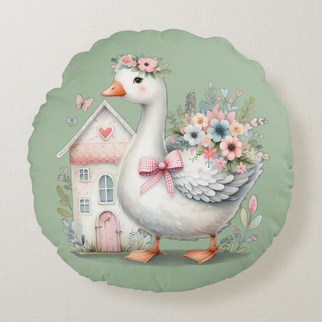 Cottage Goose Floral House Scene Round Pillow (Front)