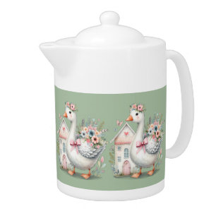 Cottage Goose Floral House Scene Teapot