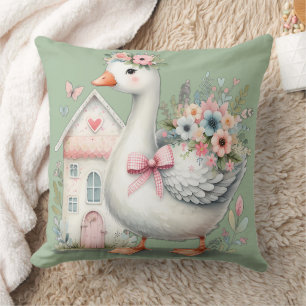 Cottage Goose Floral House Scene Throw Pillow