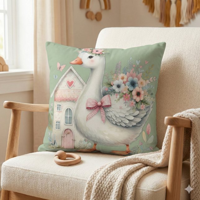 Cottage Goose Floral House Scene Throw Pillow (Cottage Goose Floral House Scene Throw Pillow Mockup A)