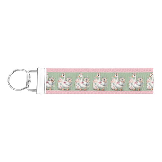 Cottage Goose Floral House Scene Wrist Keychain (Keys on Left)