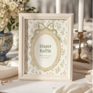 Cottage Green Bow Frame Baby Shower Diaper Raffle Poster