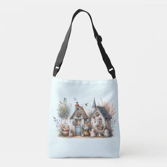 Cottage Haven Floral Homes Illustration Crossbody Bag (Back)