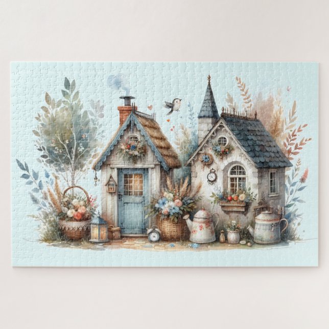 Cottage Haven Floral Homes Illustration Jigsaw Puzzle (Horizontal)