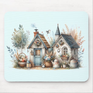 Cottage Haven Floral Homes Illustration Mouse Pad