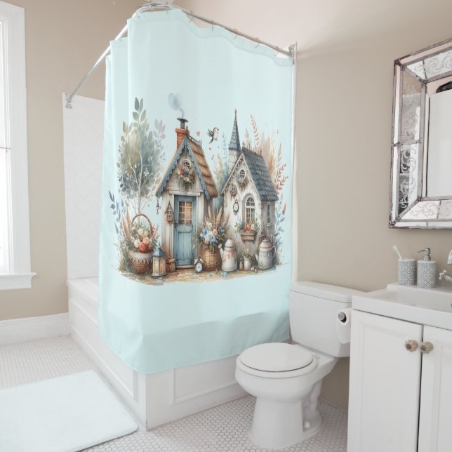 Cottage Haven Floral Homes Illustration Shower Curtain (In Situ)