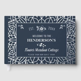 Cottage House Custom Vacation Rental Silver Flower Foil Guest Book