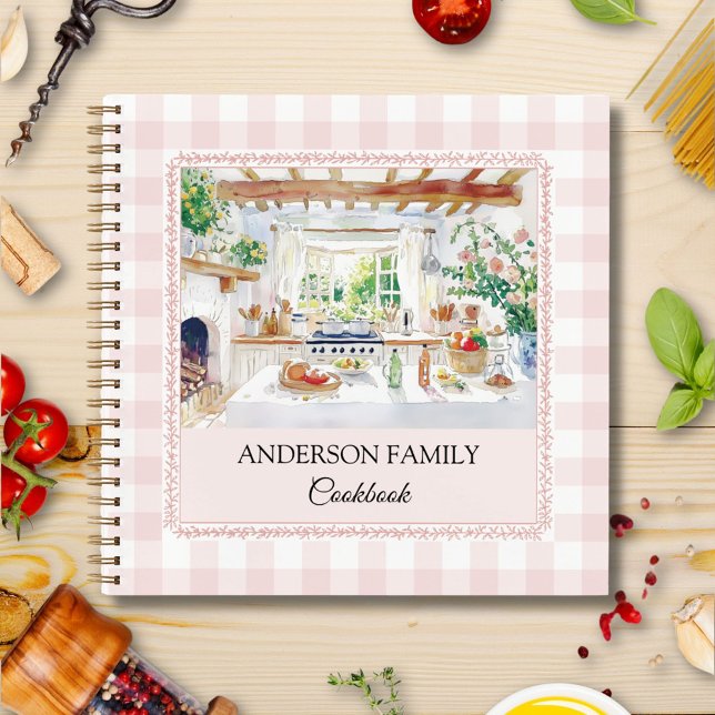 Cottage Kitchen Blush Pink Gingham Family Recipe Notebook (In situ)
