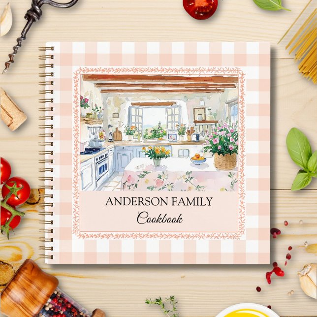 Cottage Kitchen Peach Gingham Family Recipe Notebook (In situ)