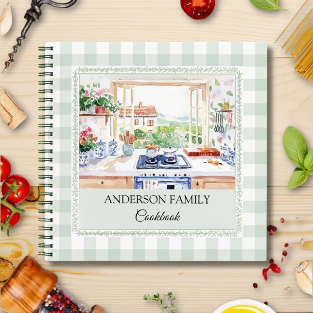 Cottage Kitchen Soft Green Gingham Family Recipe Notebook (In situ)