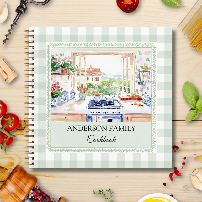 Cottage Kitchen Soft Green Gingham Family Recipe Notebook (In situ)