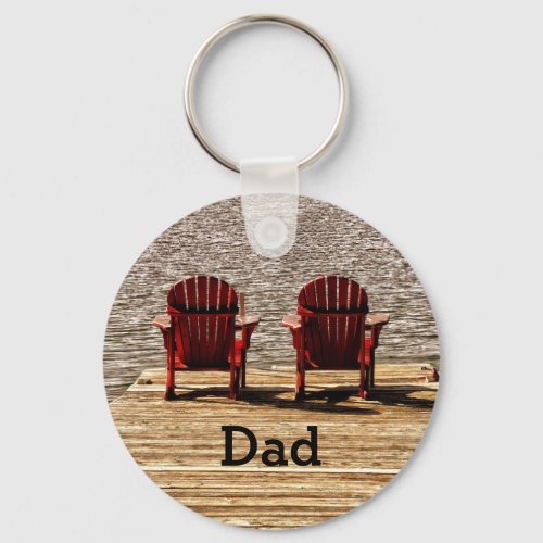 Cottage Lakehouse Red Adirondack Chairs Dad Keychain