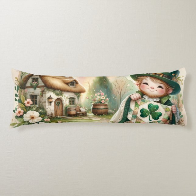 Cottage Leprechaun Patchwork Quilt Scene Body Pillow (Front)