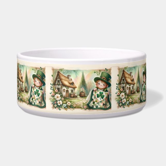 Cottage Leprechaun Patchwork Quilt Scene Bowl (Front)