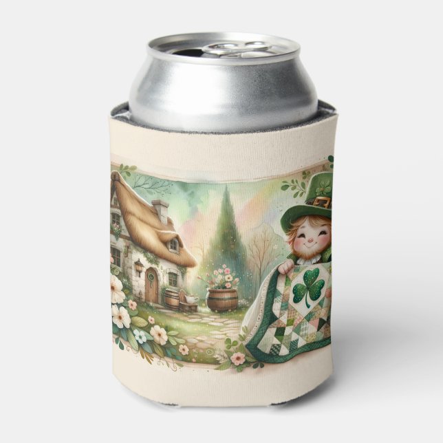 Cottage Leprechaun Patchwork Quilt Scene Can Cooler (Can Front)