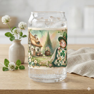 Cottage Leprechaun Patchwork Quilt Scene Can Glass