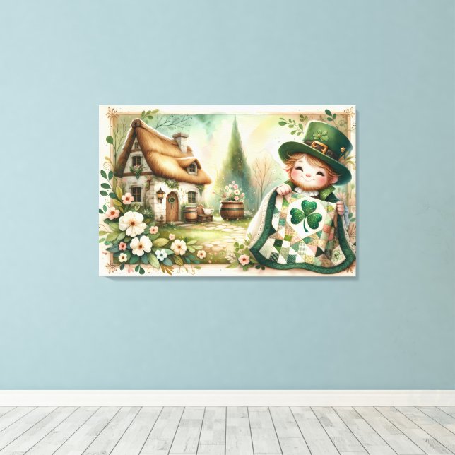 Cottage Leprechaun Patchwork Quilt Scene Canvas Print (Insitu(Wood Floor))