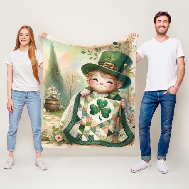 Cottage Leprechaun Patchwork Quilt Scene Fleece Blanket (In Situ)