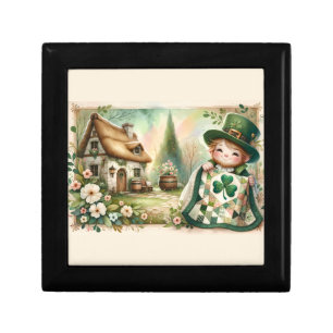 Cottage Leprechaun Patchwork Quilt Scene Gift Box