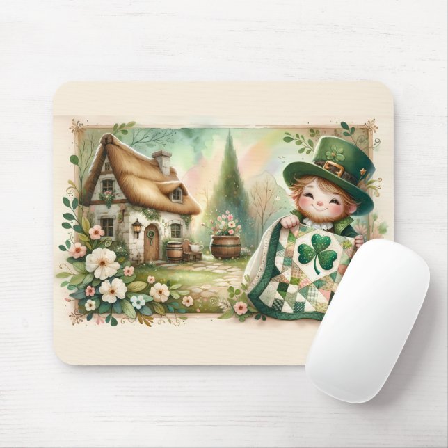 Cottage Leprechaun Patchwork Quilt Scene Mouse Pad (With Mouse)