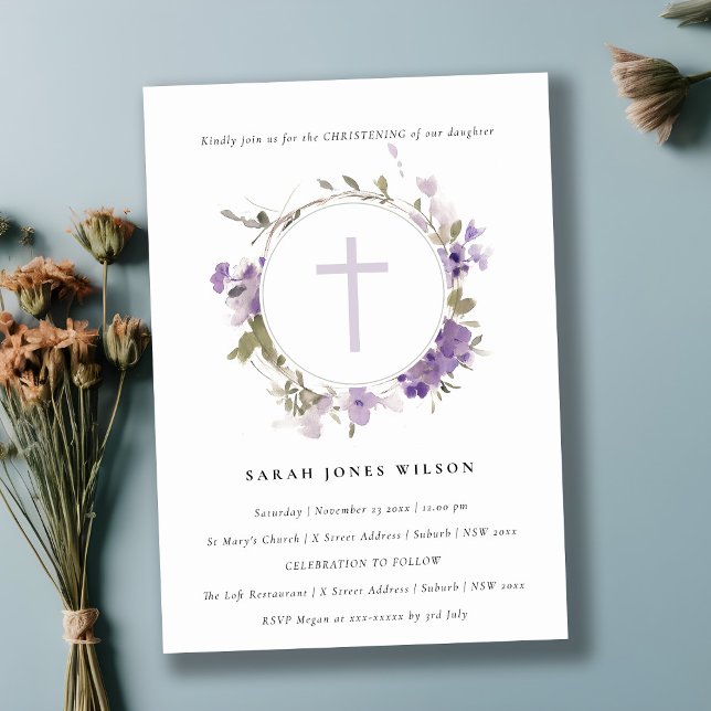 Cottage Meadow Lilac Floral Wreath Christening Invitation (Creator Uploaded)