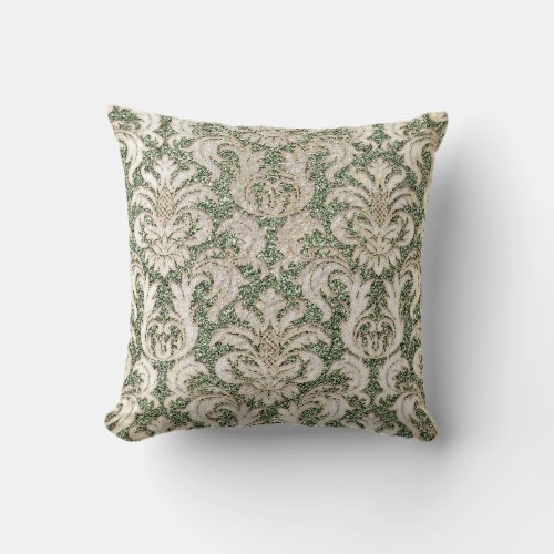 Cottage Mint Green Damask Gray Pearly Glitter Throw Pillow