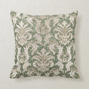 Cottage Mint Green Damask Gray Pearly Glitter Throw Pillow