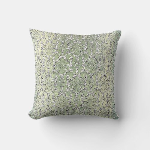 Cottage Mint Green Damask Silver Metallic Glitter Throw Pillow