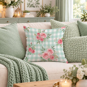 Cottage Mint Pink Shabby Chic Rose Garden Pillow