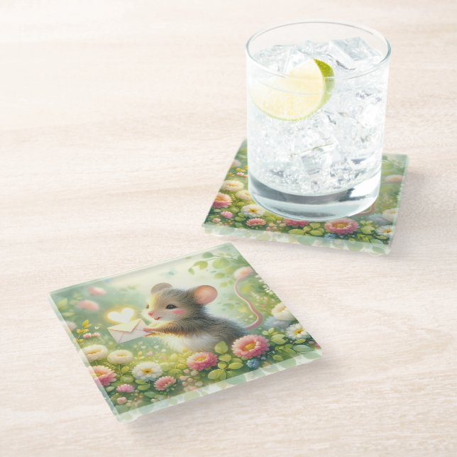 Cottage Mouse Love Letter Meadow Glass Coaster (Angled)