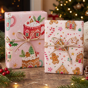 Cottage Mugs Gingerbread Candy Holly and Fir Wrapping Paper Sheets