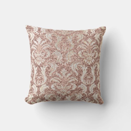 Cottage Pink Rose Gold Damask Gray Pearl Glitter Throw Pillow