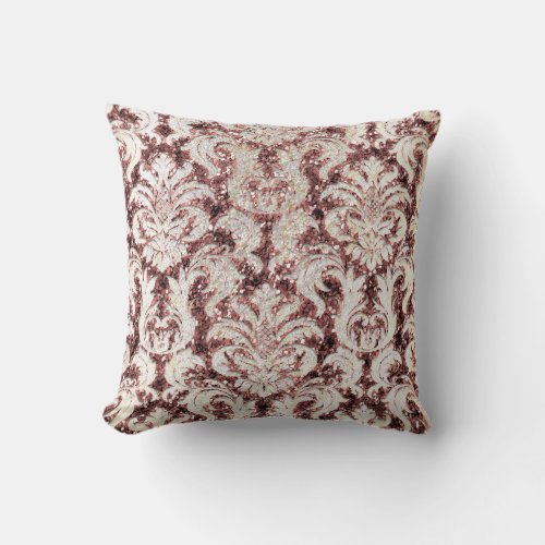 Cottage Pink Rose Maroon Damask Gray Pearl Glitter Throw Pillow